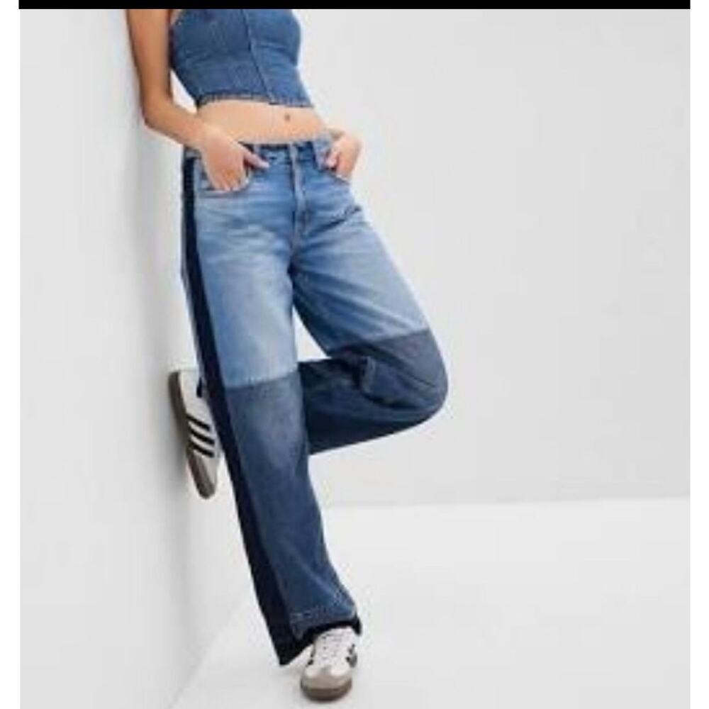 GAP Patchwork Baggy Low Rise Wide Leg Retro medium indigo jeans, size 4 Tall